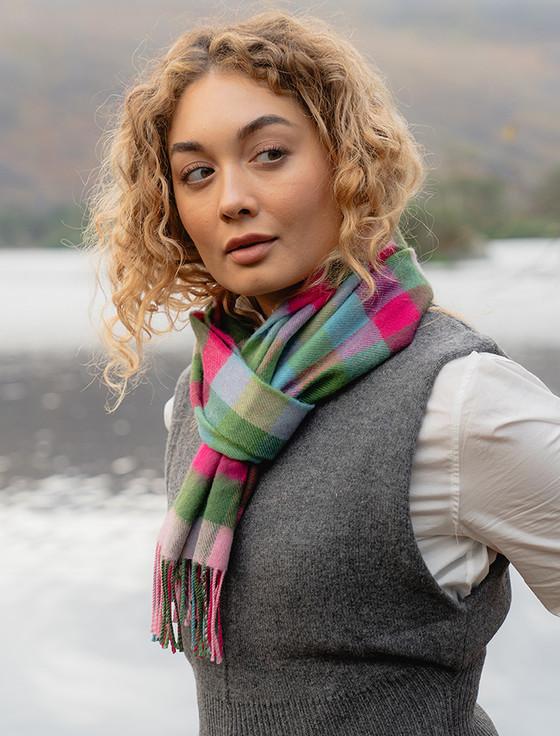 aran cashmere Fine Merino Plaid Scarf - Pink Blue & Green