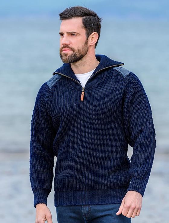aran cashmere ‎Fisherman'‎‎s Half Zip Sw‎eater with Patches
