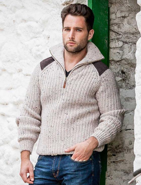 Aran Cashmere Fisherman's Half Zip Sweater With Patches