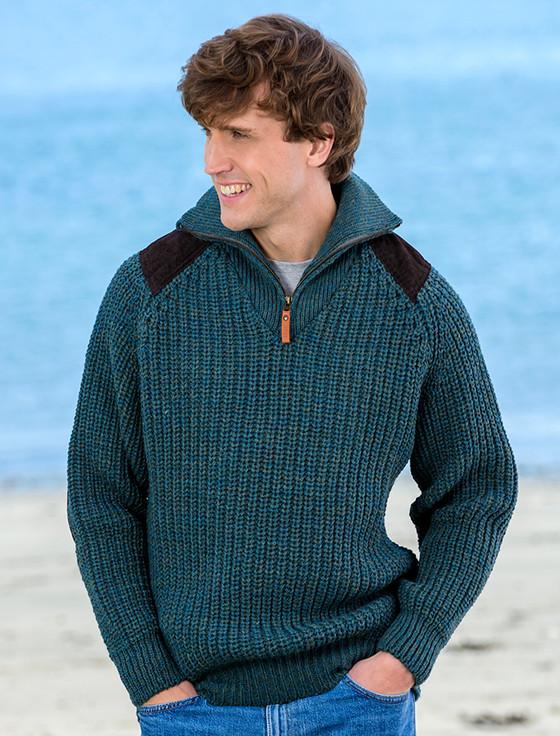 aran cashmere ‎Fisherman'‎‎s Half Zip Sweater with Patches
