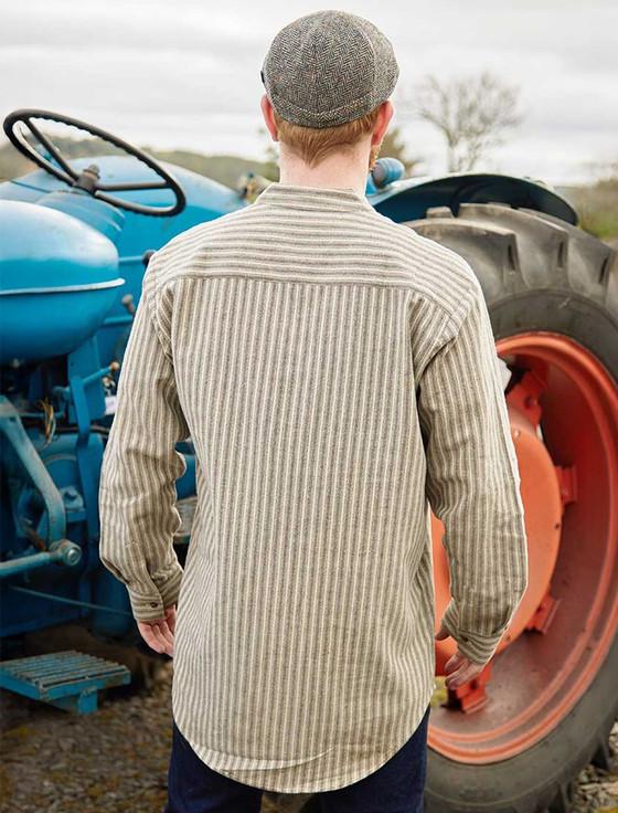 Aran Cashmere Flannel Grandfather Shirt - Beige Green Maroon Stripe
