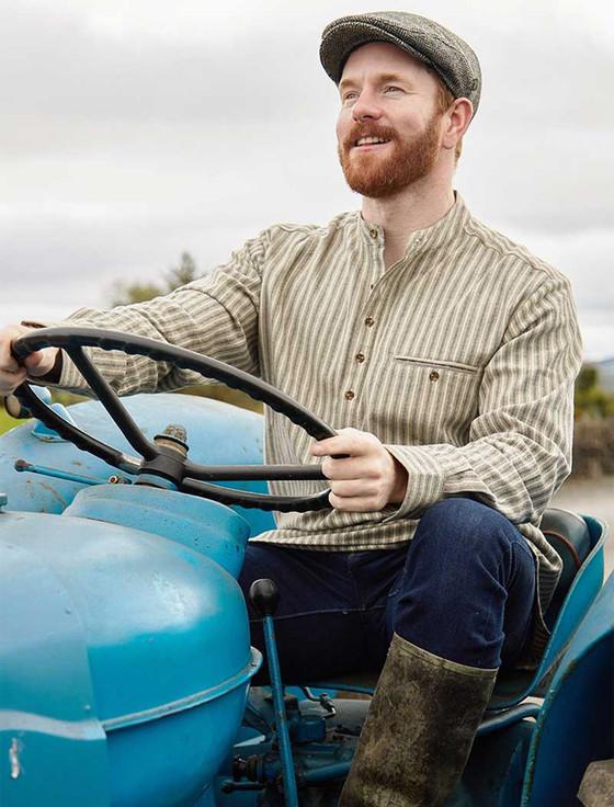 Aran Cashmere Flannel Grandfather Shirt - Beige Green Maroon Stripe