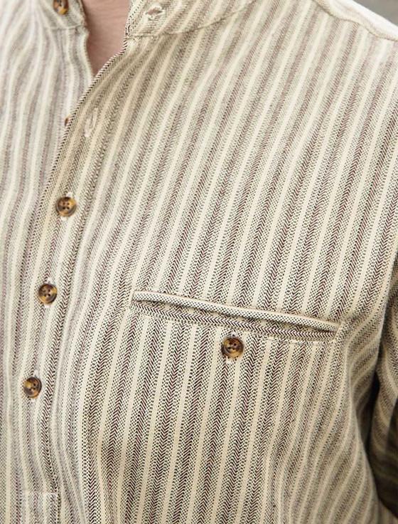 Aran Cashmere Flannel Grandfather Shirt - Beige Green Maroon Stripe