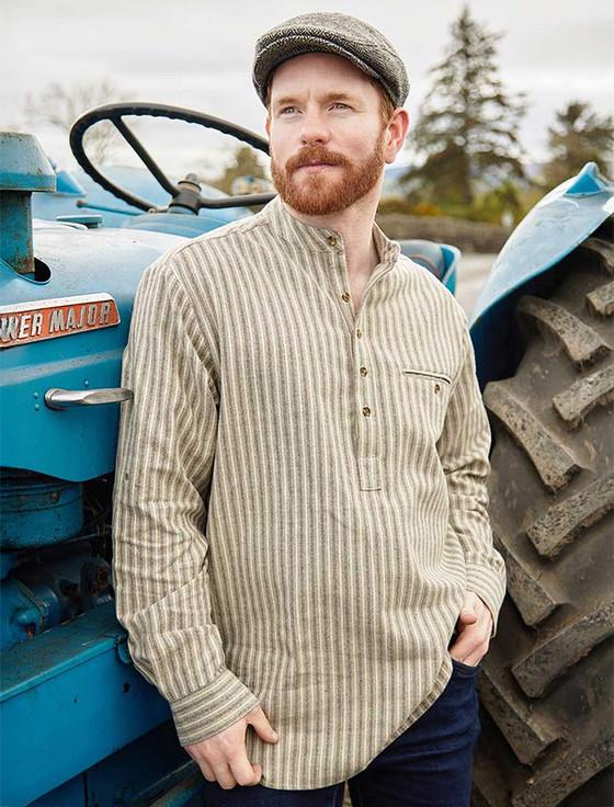 aran cashmere Flannel Grandfather Shirt - Beige Green Maroon Stripe