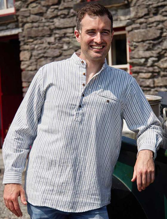 Aran Cashmere Flannel Grandfather Shirt - Blue Stripe