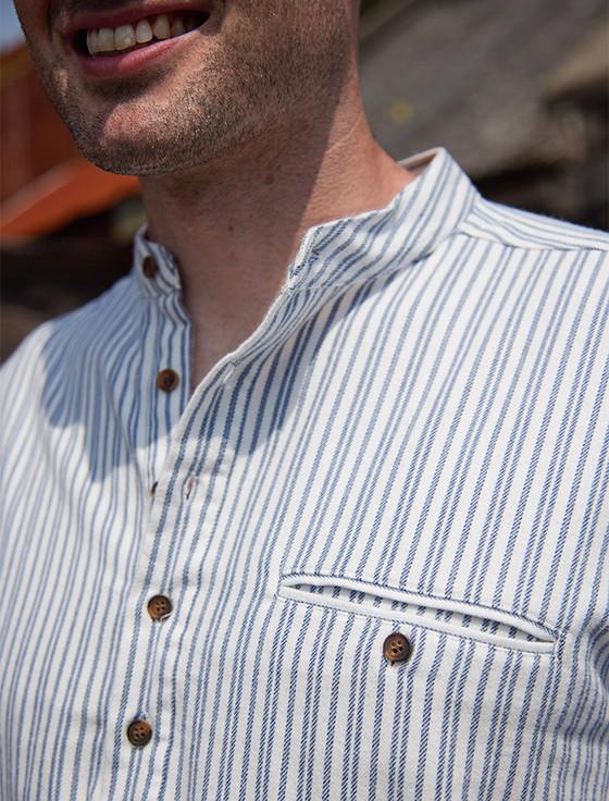 Aran Cashmere Flannel Grandfather Shirt - Blue Stripe