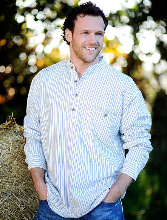 aran cashmere Flannel Grandfather Shirt - Blue Stripe