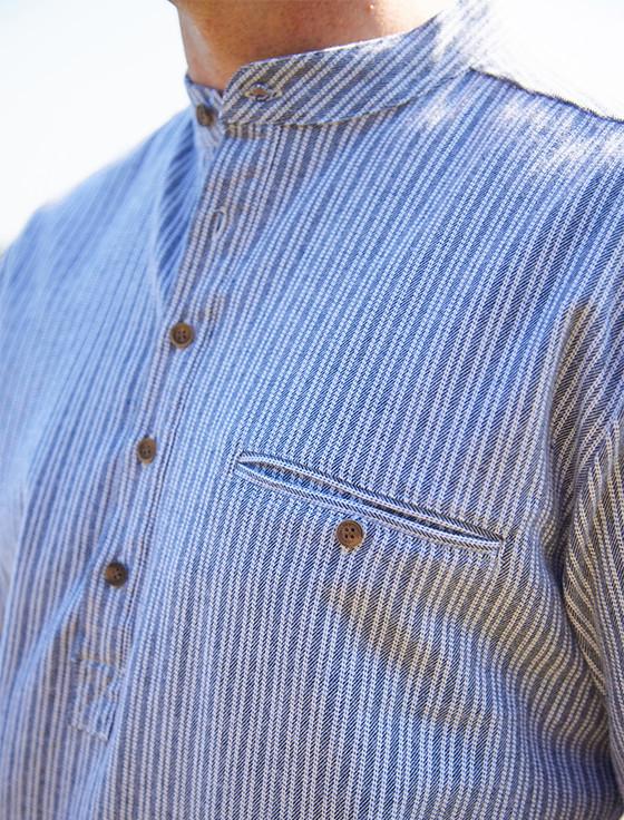 Aran Cashmere Flannel Grandfather Shirt - Grey Stripe
