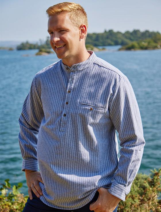 aran cashmere Flannel Grandfather Shirt - Grey Stripe