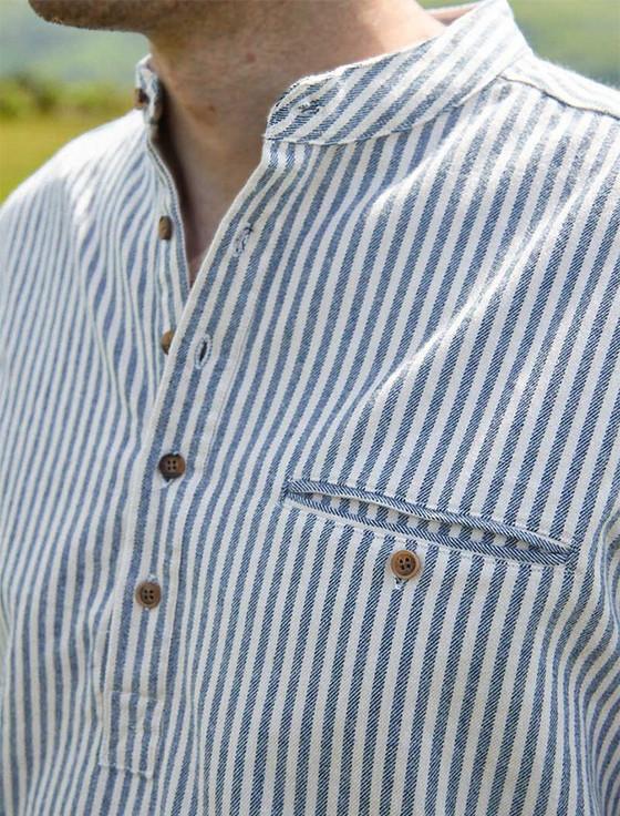 Aran Cashmere Flannel Grandfather Shirt - Navy Stripe