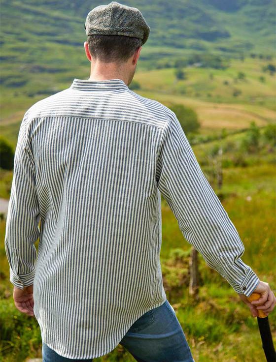 Aran Cashmere Flannel Grandfather Shirt - Navy Stripe