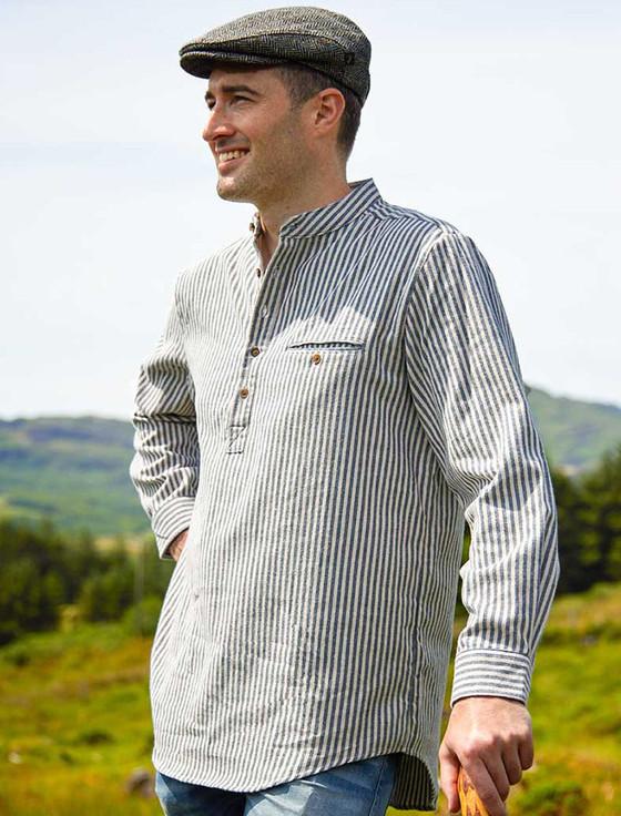 aran cashmere Flannel Grandfather Shirt - Navy Stripe