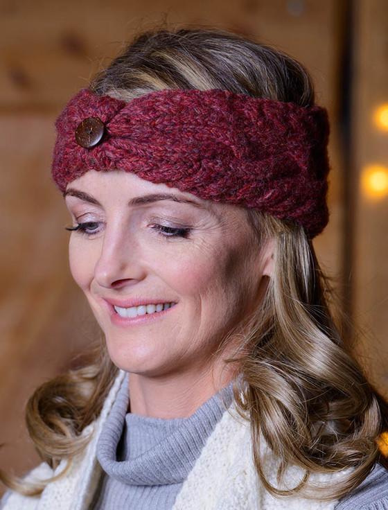 aran cashmere Fleece Lined Aran Cable Headband with Button