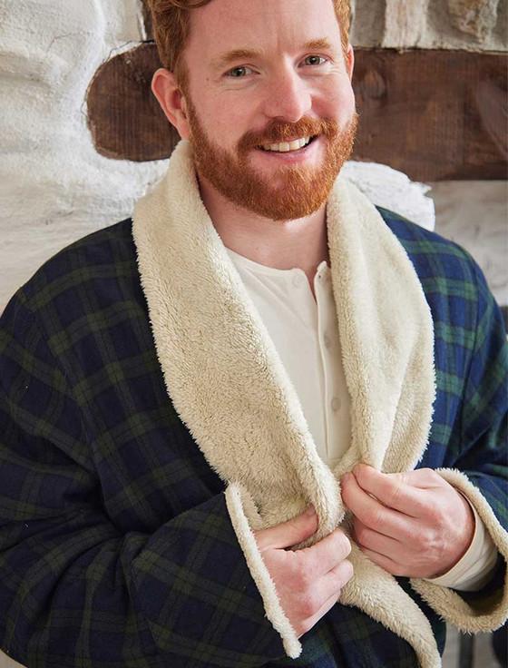 Aran Cashmere Fleece Lined Flannel Nightrobe - Green Blackwatch Tartan