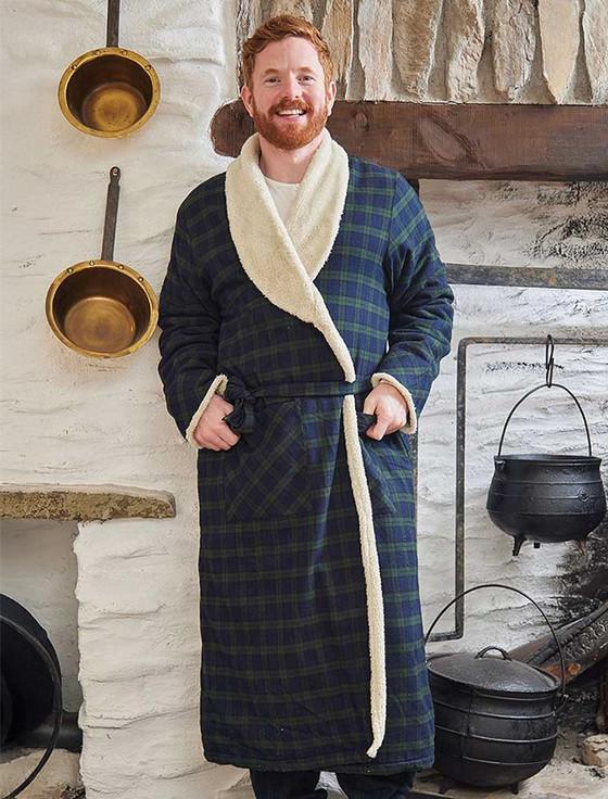aran cashmere Fleece Lined Flannel Nightrobe - Green Blackwatch Tartan