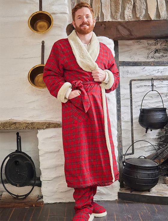aran cashmere Fleece Lined Flannel Nightrobe - Red Tartan