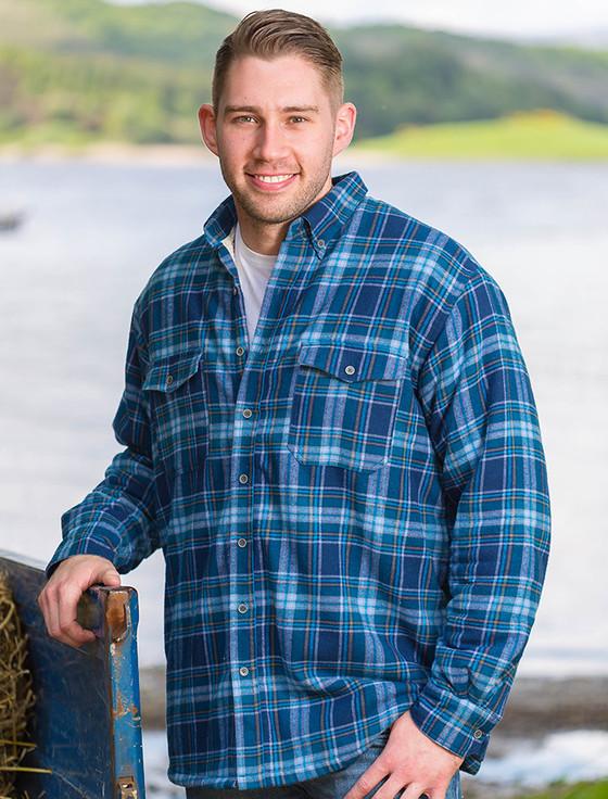 Aran Cashmere Fleece Lined Flannel Shirt - Blue Navy Tartan