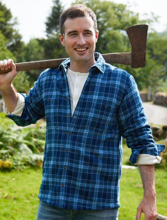 aran cashmere Fleece Lined Flannel Shirt - Blue Navy Tartan