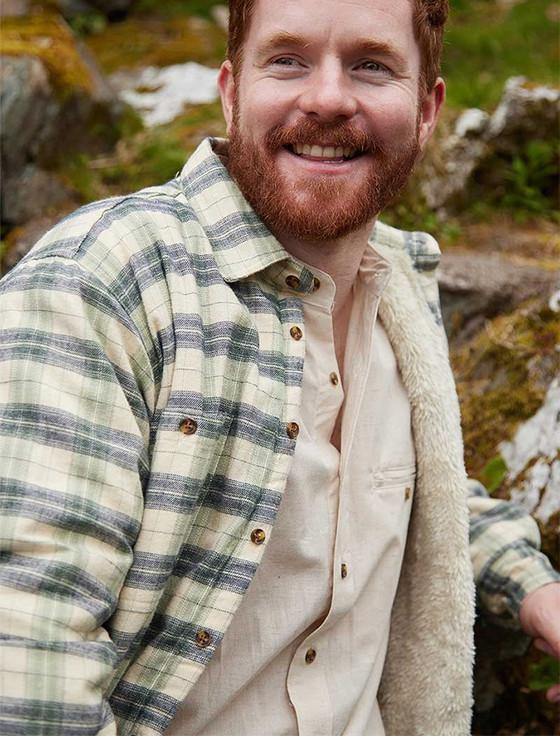 Aran Cashmere Fleece Lined Flannel Shirt - Ecru Green & Navy Check