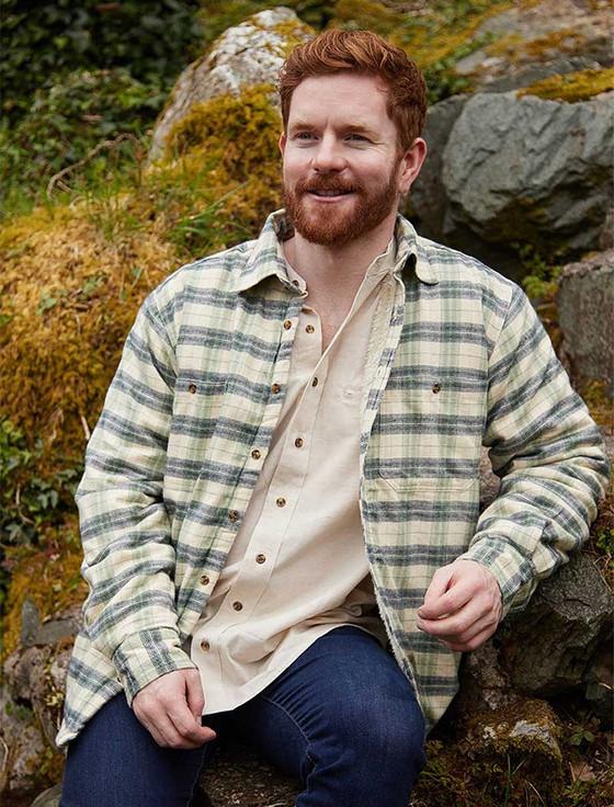 aran cashmere Fleece Lined Flannel Shirt - Ecru Green & Navy Check