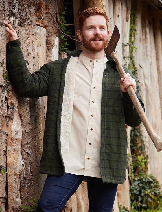 Aran Cashmere Fleece Lined Flannel Shirt - Forest Green & Black Check