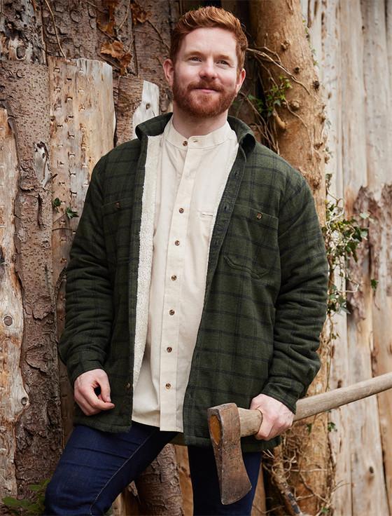 aran cashmere Fleece Lined Flannel Shirt - Forest Green & Black Check