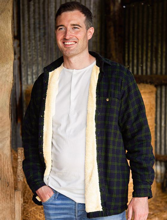 Aran Cashmere Fleece Lined Flannel Shirt - Green Blackwatch Tartan