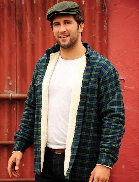 aran cashmere Fleece Lined Flannel Shirt - Green Blackwatch Tartan