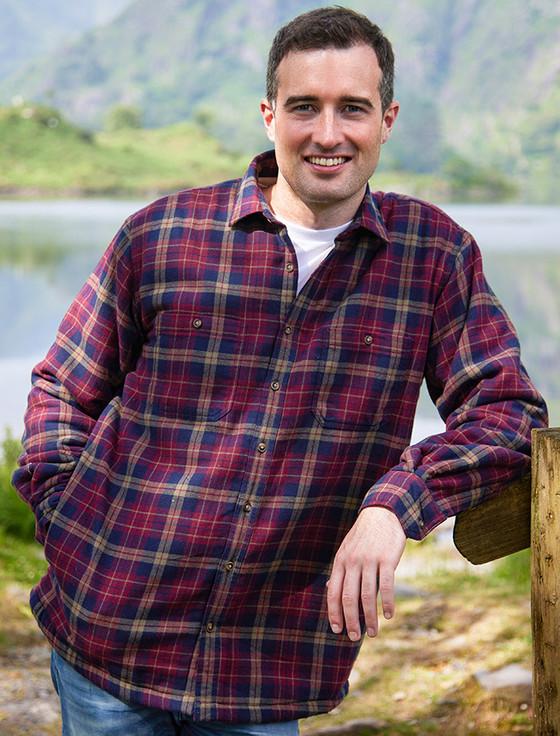 aran cashmere Fleece Lined Flannel Shirt - Maroon & Navy Check