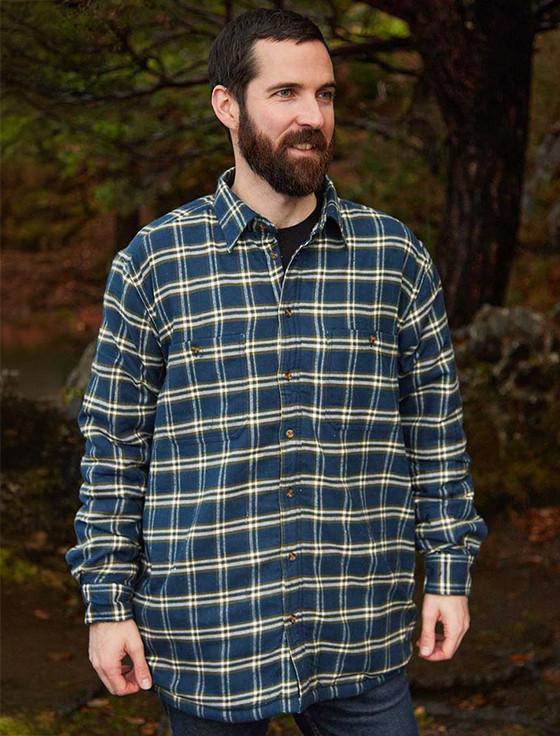 aran cashmere Fleece Lined Flannel Shirt - Navy & Green Check
