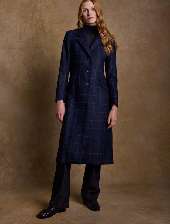 Aran Cashmere Fran Classic Long Tweed Coat - Navy Check