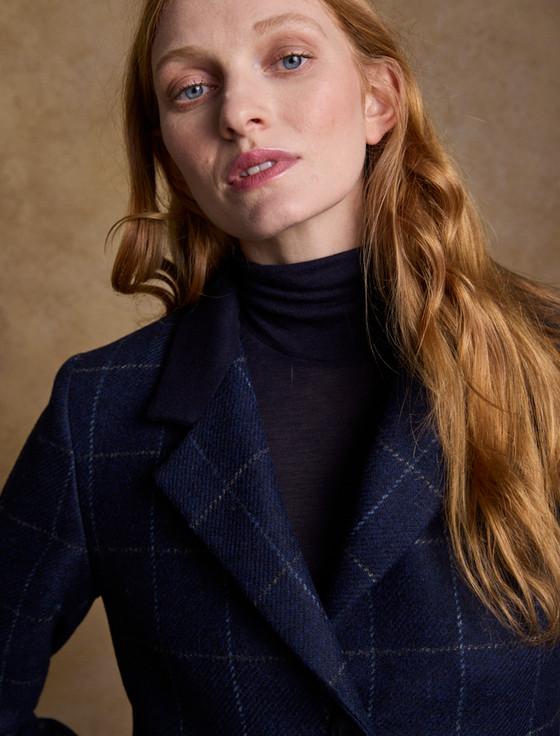 Aran Cashmere Fran Classic Long Tweed Coat - Navy Check