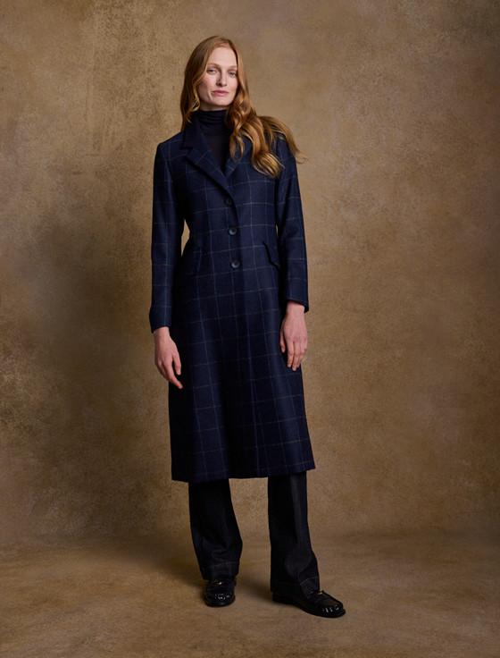 aran cashmere Fran Classic Long Tweed Coat - Navy Check