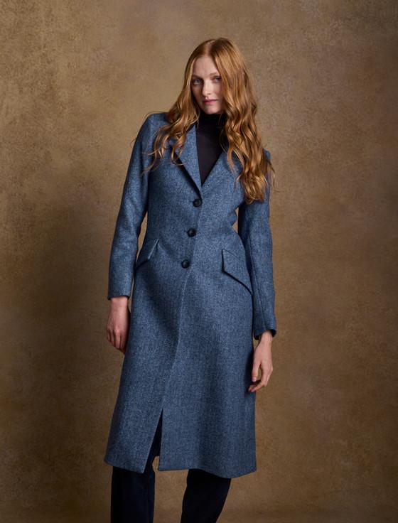 Aran Cashmere Fran Long Tweed Coat - Light Blue Herringbone