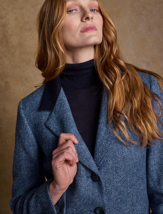 Aran Cashmere Fran Long Tweed Coat - Light Blue Herringbone