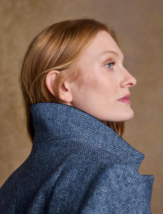 Aran Cashmere Fran Long Tweed Coat - Light Blue Herringbone
