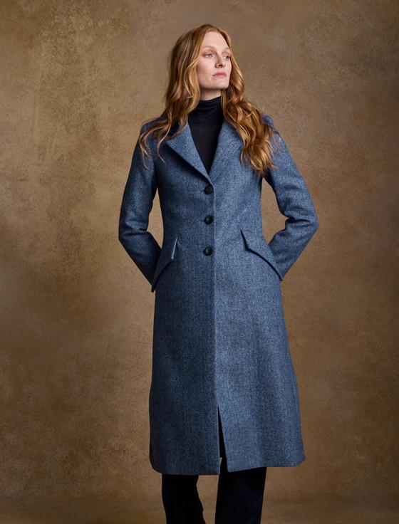 aran cashmere Fran Long Tweed Coat - Light Blue Herringbone