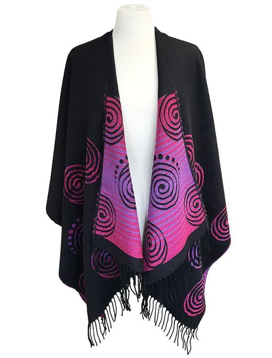 aran cashmere Fringed Celtic Spiral Shawl - Black & Fuchsia