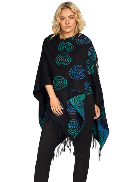 Aran Cashmere Fringed Celtic Spiral Shawl - Black & Turquoise