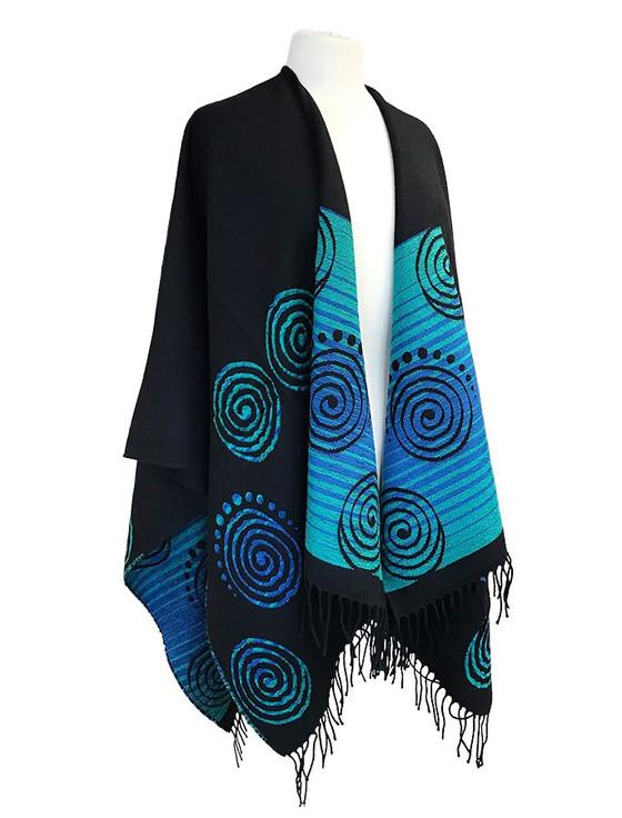 Aran Cashmere Fringed Celtic Spiral Shawl - Black & Turquoise