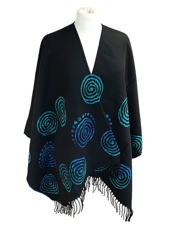 Aran Cashmere Fringed Celtic Spiral Shawl - Black & Turquoise