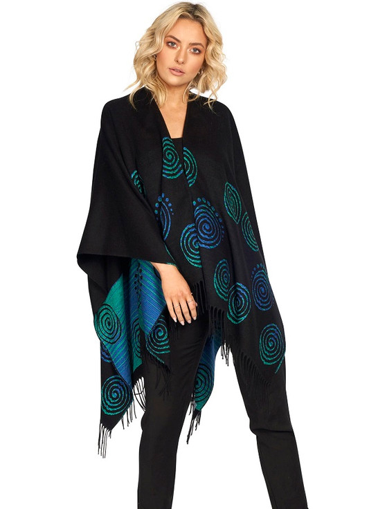 aran cashmere Fringed Celtic Spiral Shawl - Black & Turquoise