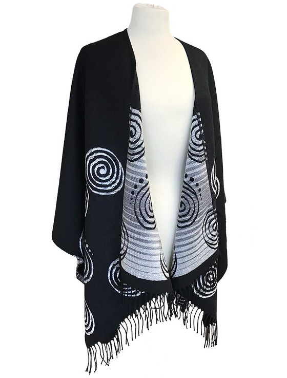 aran cashmere Fringed Celtic Spiral Shawl - Black & White
