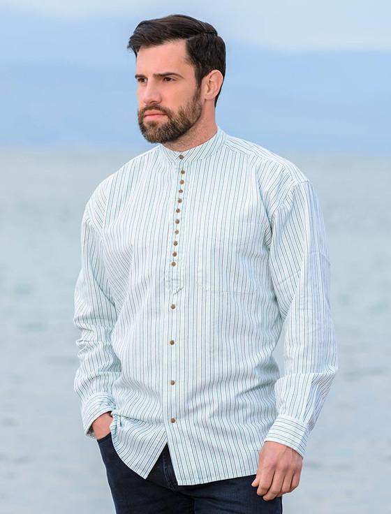 aran cashmere Grandfather Shirt - Blue & Green Pin Stripe