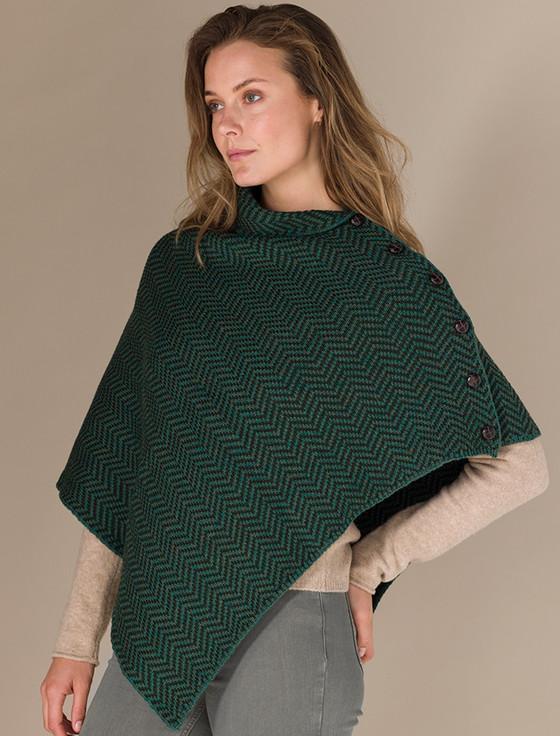 Aran Cashmere H‎err‎ingbone Merino P‎on‎cho With But‎ton Detail‎