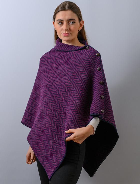 aran cashmere H‎erringbone Me‎rino Poncho with But‎ton Detail