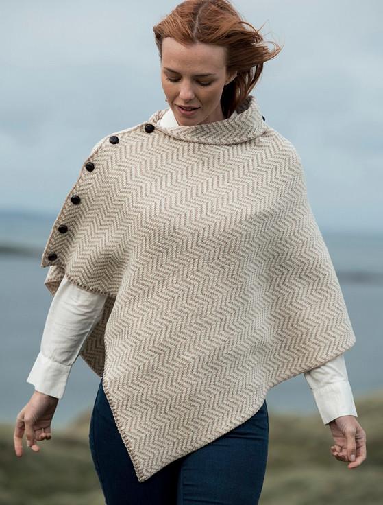 Aran Cashmere H‎erringbone Merino Poncho With But‎ton Detail