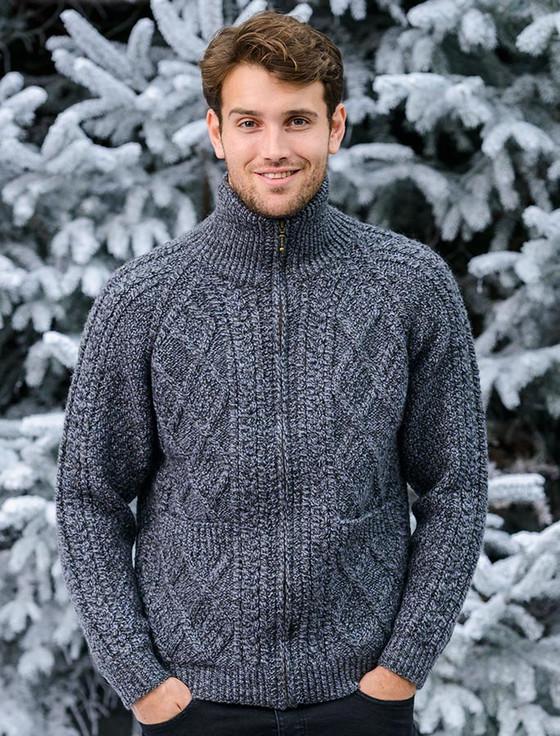 aran cashmere ‎Hand ‎Knit Zip‎per Cardigan with Pockets