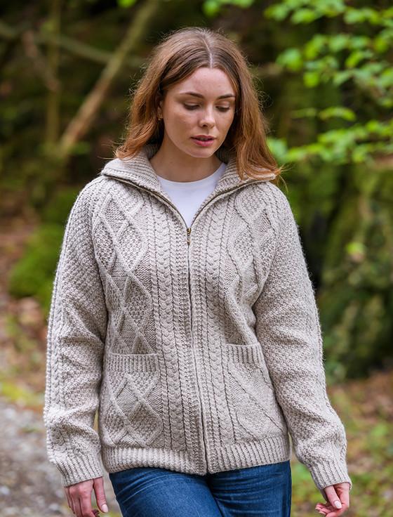 Aran Cashmere Hand Knit Zipper Card‎igan With Pockets