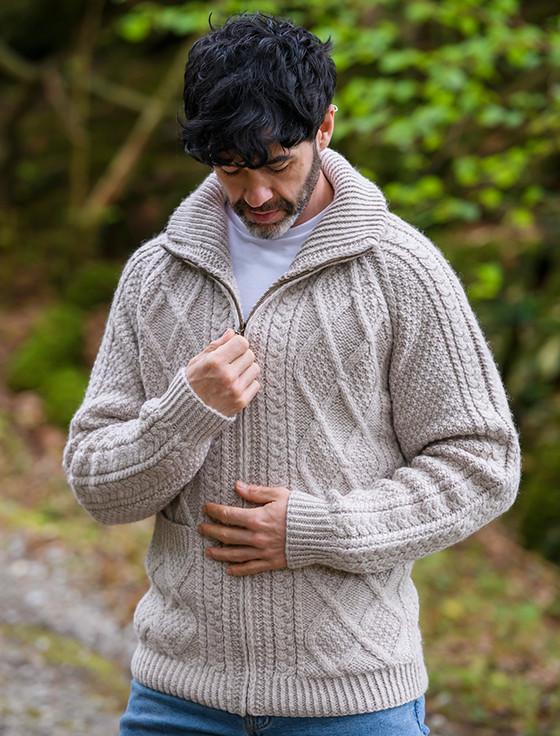Aran Cashmere Hand Knit Zipper Cardigan With Pockets